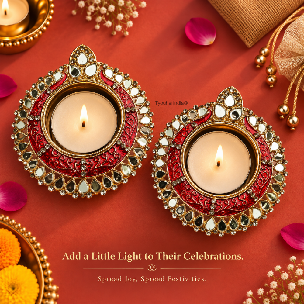Rangmahal Meenakari & Mirror Metal Diya Tea Light Candle Holder