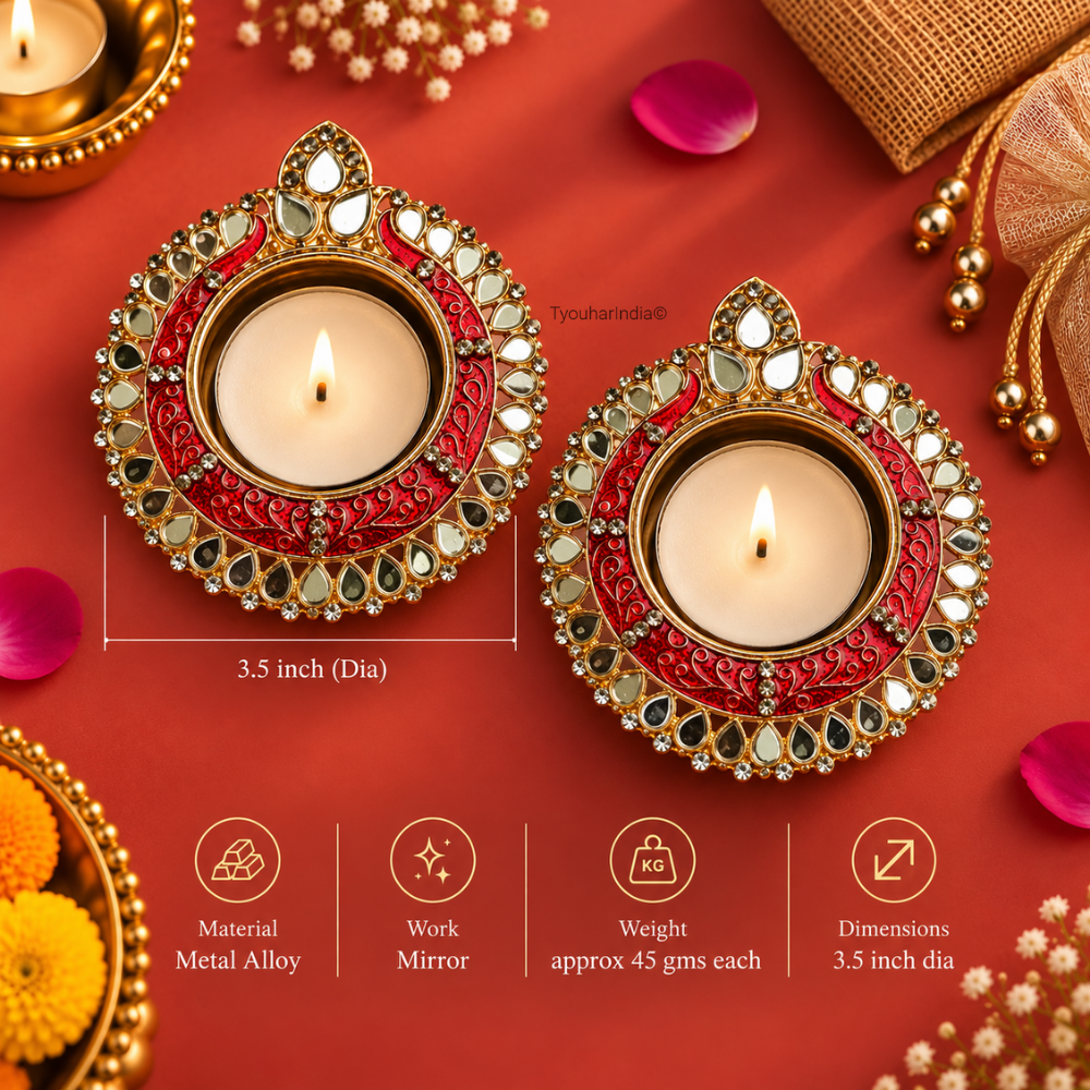 Rangmahal Meenakari & Mirror Metal Diya Tea Light Candle Holder