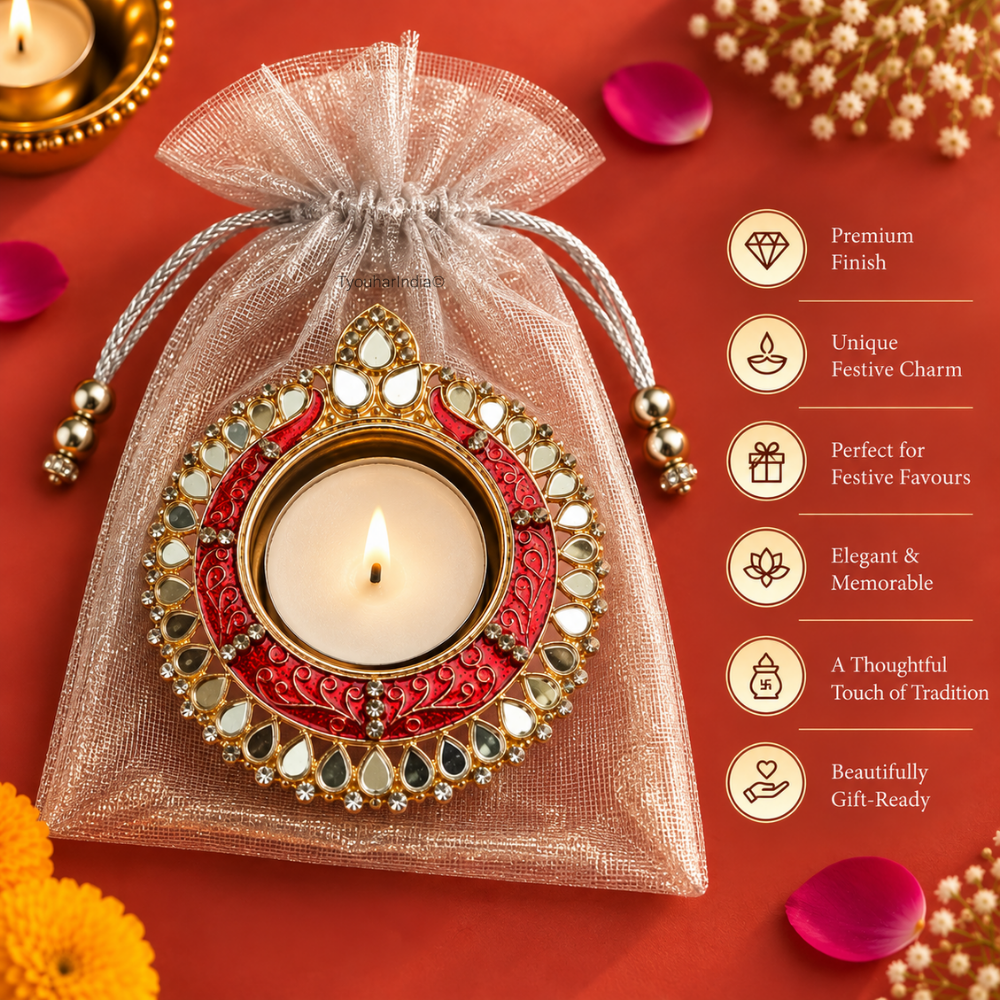 Rangmahal Meenakari & Mirror Metal Diya Tea Light Candle Holder