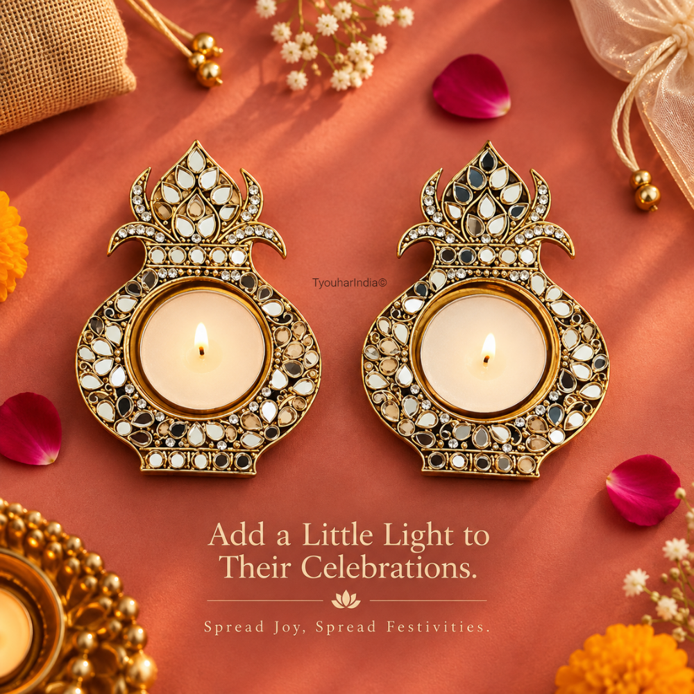 Rajsi Kalash Mirror Work Metal Diya Tea Light Candle Holder