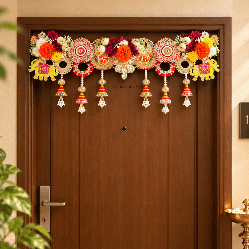 Multicolour Floral Subh Labh & Elephant Motif Toran Bandhanwar