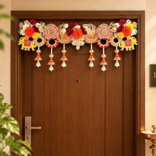 Multicolour Floral Subh Labh & Elephant Motif Toran Bandhanwar