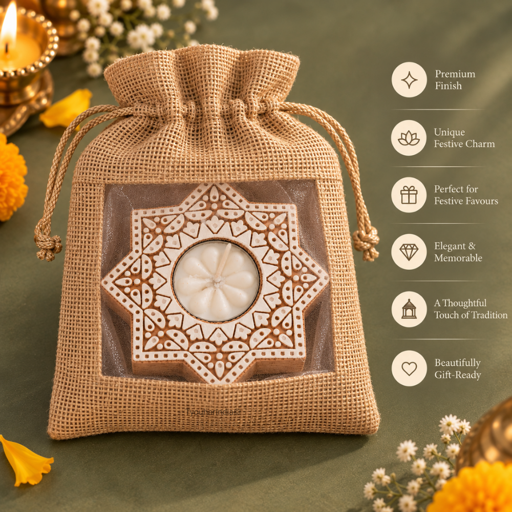 Ashtara Hand-Carved Jamun Wood Star Diya Tea Light Candle Holder.