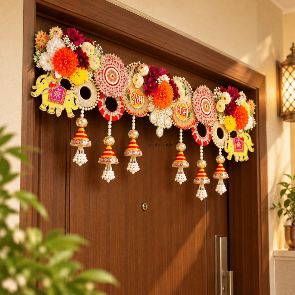 Multicolour Floral Subh Labh & Elephant Motif Toran Bandhanwar