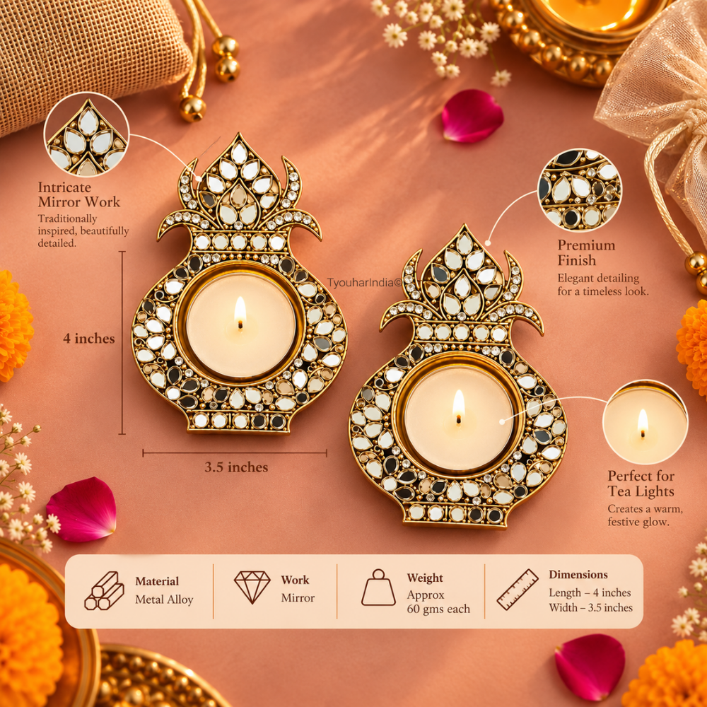 Rajsi Kalash Mirror Work Metal Diya Tea Light Candle Holder