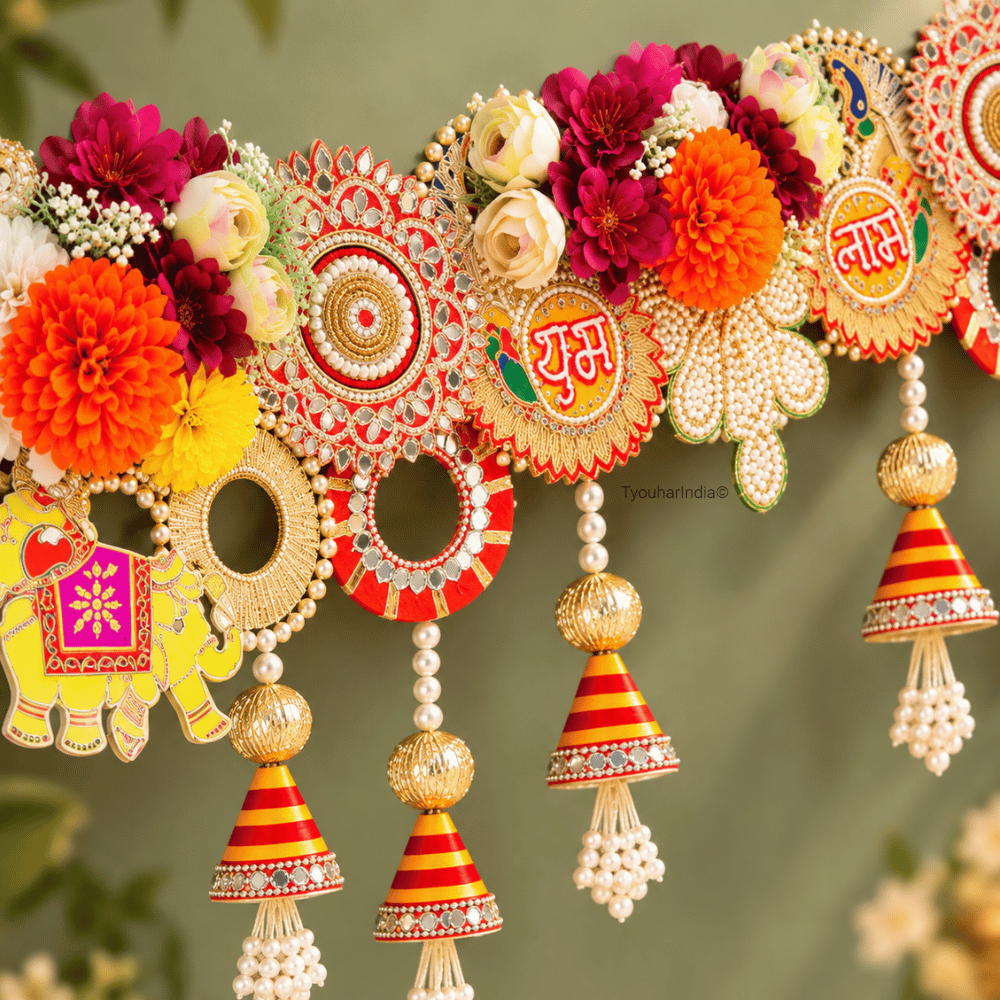 Multicolour Floral Subh Labh & Elephant Motif Toran Bandhanwar