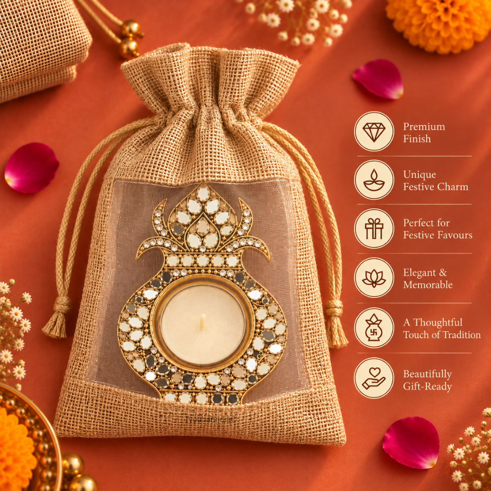 Rajsi Kalash Mirror Work Metal Diya Tea Light Candle Holder