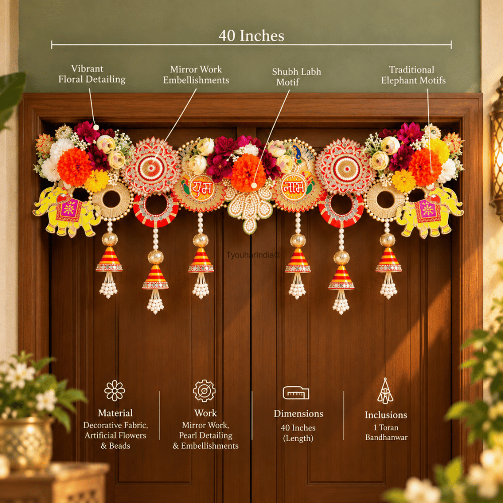 Multicolour Floral Subh Labh & Elephant Motif Toran Bandhanwar