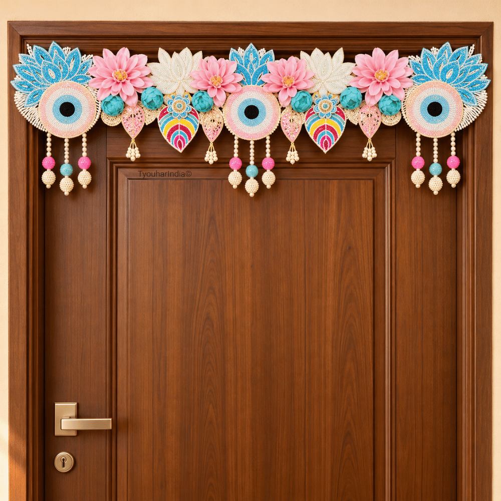 Pastel Blue & Blush Pink Floral Evil Eye Toran Bandhanwar