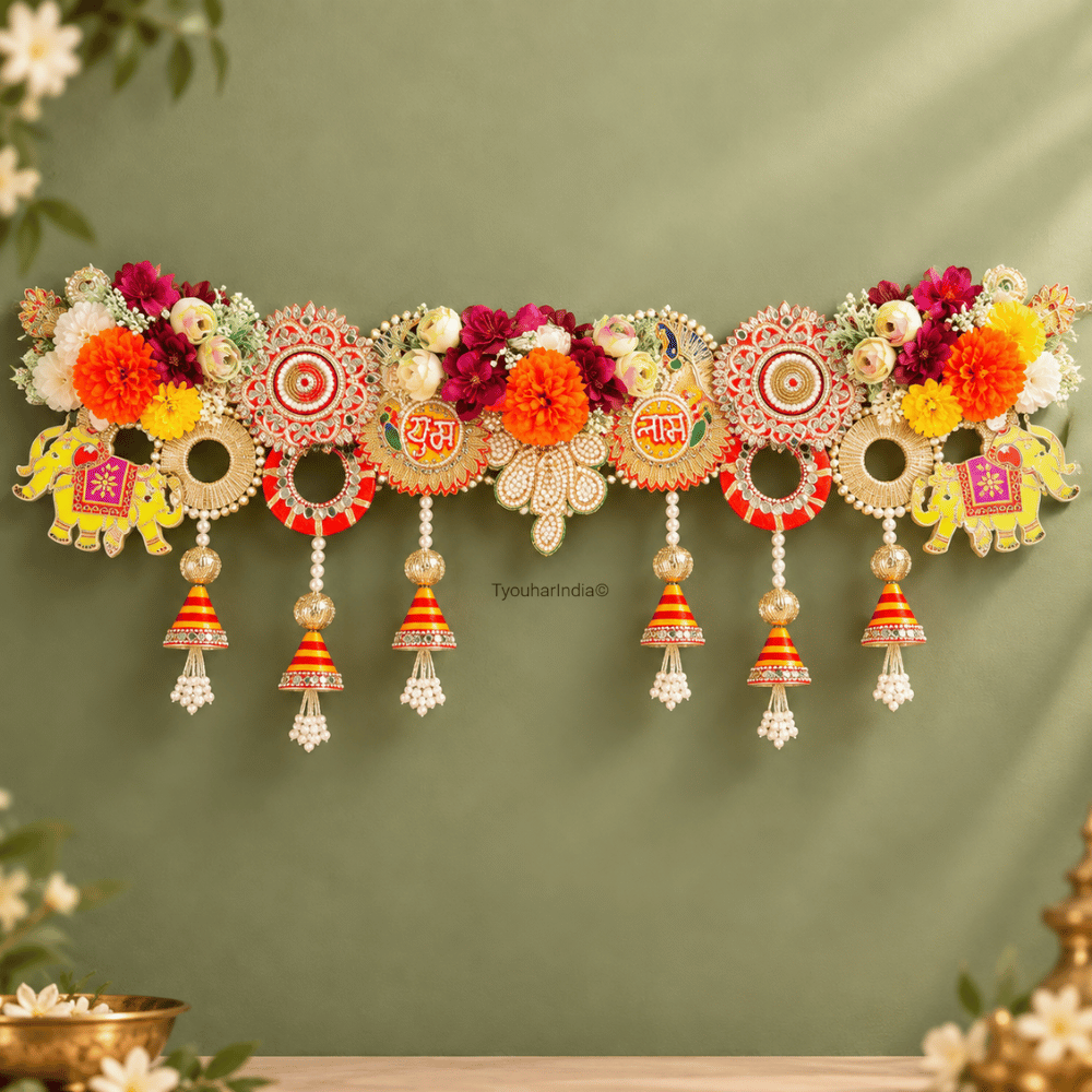 Multicolour Floral Subh Labh & Elephant Motif Toran Bandhanwar