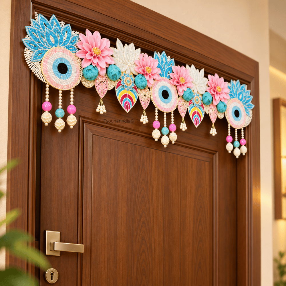 Pastel Blue & Blush Pink Floral Evil Eye Toran Bandhanwar