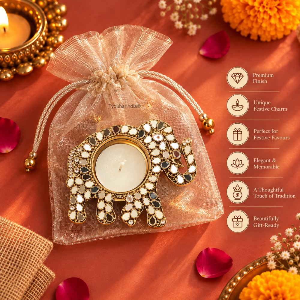Gajraj Mirror Work Metal Elephant Diya Tea Light Candle Holder