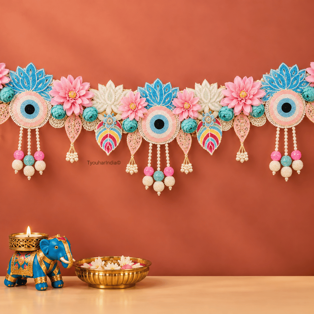 Pastel Blue & Blush Pink Floral Evil Eye Toran Bandhanwar