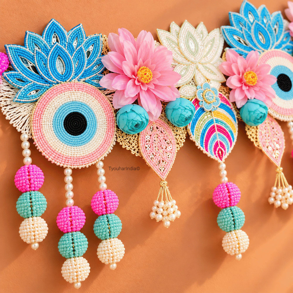 Pastel Blue & Blush Pink Floral Evil Eye Toran Bandhanwar