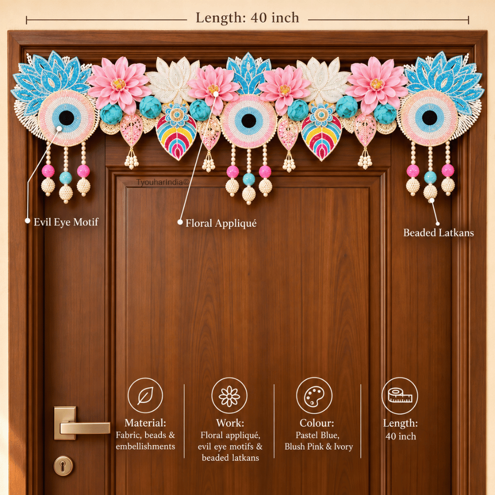 Pastel Blue & Blush Pink Floral Evil Eye Toran Bandhanwar