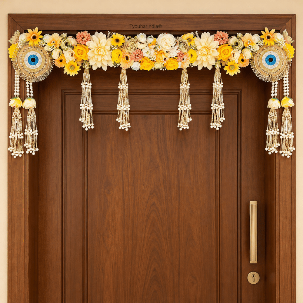 Ivory & Yellow Floral Evil Eye Pearl Embellished Toran Bandhanwar