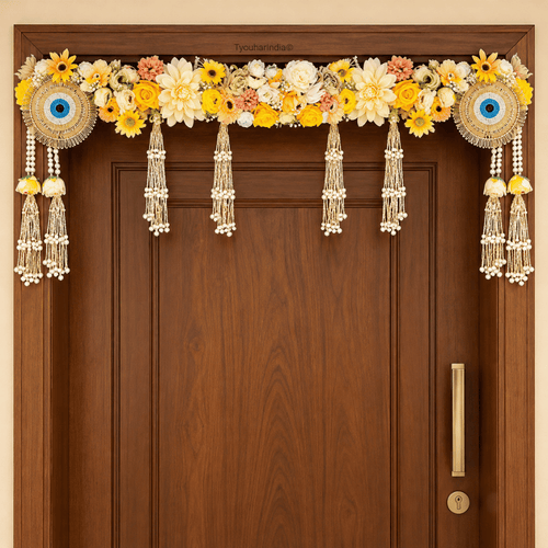 Ivory & Yellow Floral Evil Eye Pearl Embellished Toran Bandhanwar
