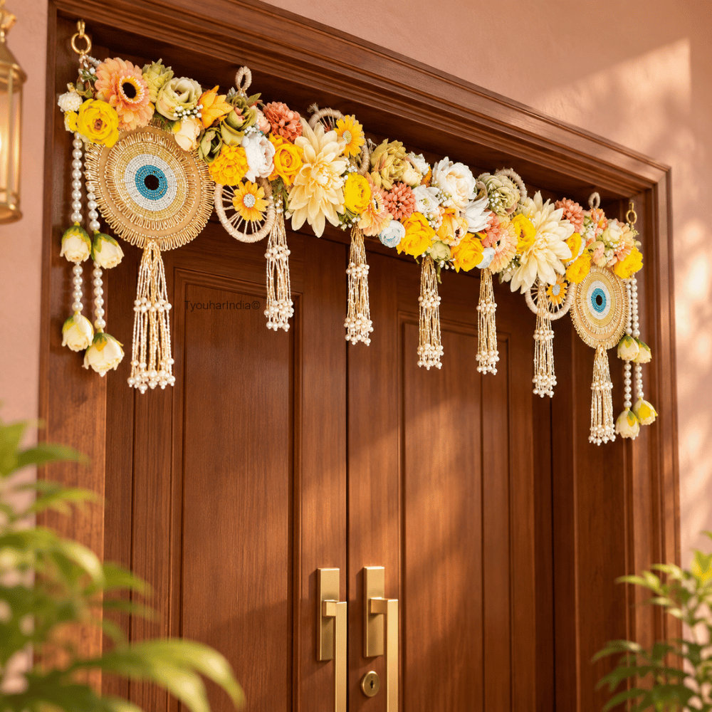 Ivory & Yellow Floral Evil Eye Pearl Embellished Toran Bandhanwar
