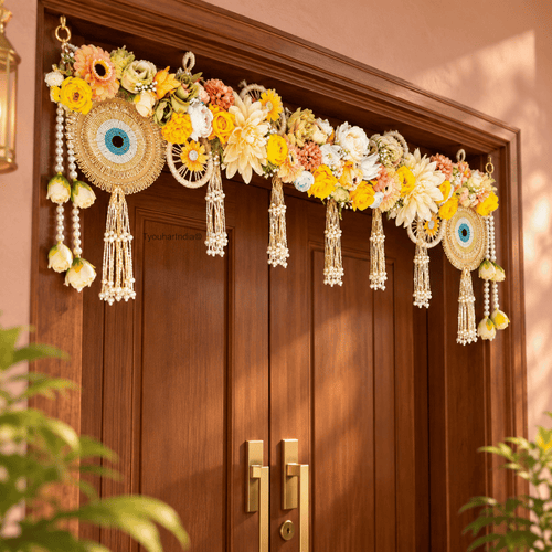 Ivory & Yellow Floral Evil Eye Pearl Embellished Toran Bandhanwar