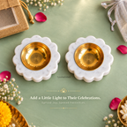 Shwet Hand-Carved Makrana Marble & Brass Floral Diya