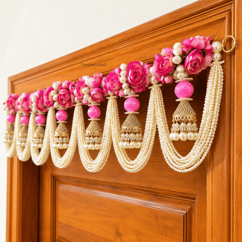 Pink Floral Pearl Swag & Jhumka Toran Bandhanwar
