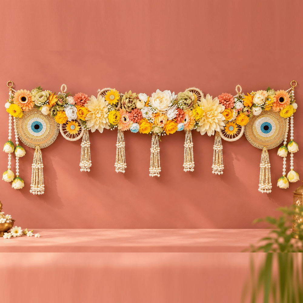 Ivory & Yellow Floral Evil Eye Pearl Embellished Toran Bandhanwar