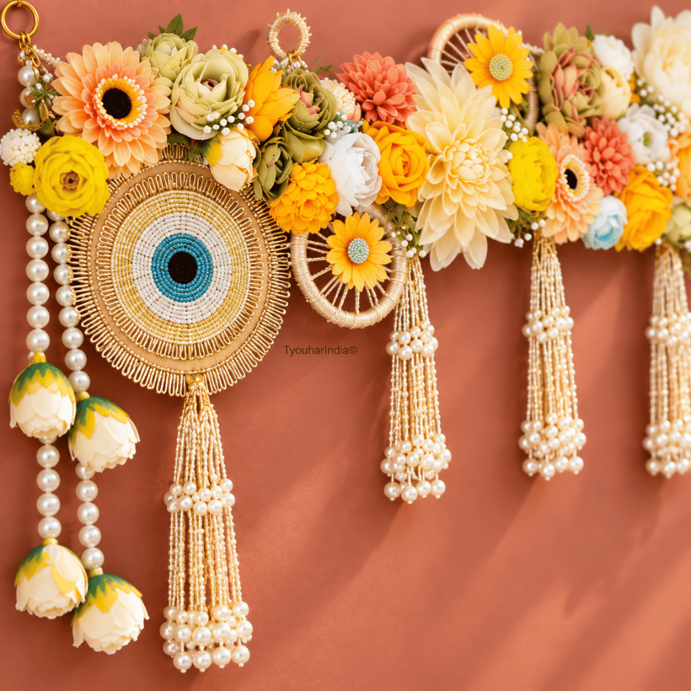 Ivory & Yellow Floral Evil Eye Pearl Embellished Toran Bandhanwar