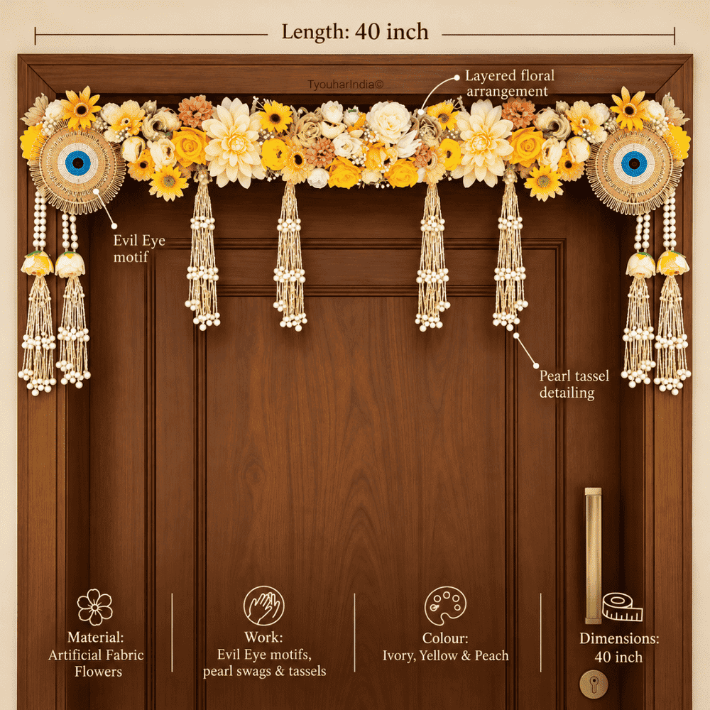 Ivory & Yellow Floral Evil Eye Pearl Embellished Toran Bandhanwar
