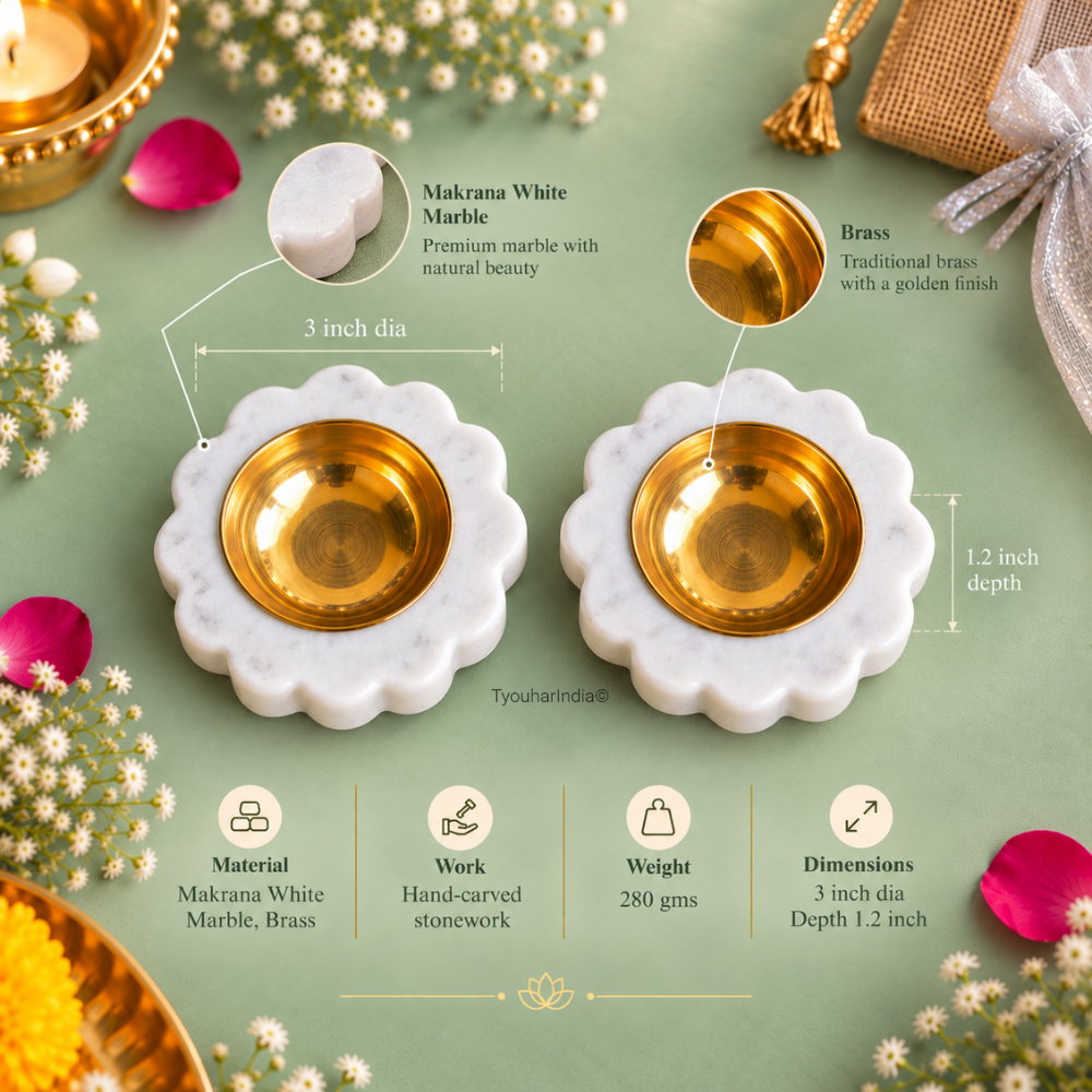 Shwet Hand-Carved Makrana Marble & Brass Floral Diya