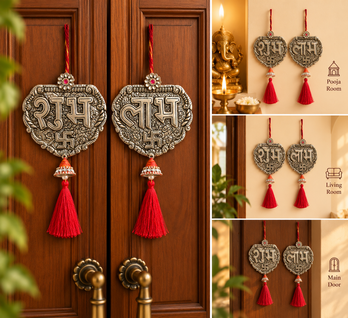 Antique Silver Carved Metal Shubh Labh Latkan Pair with Red Tassels