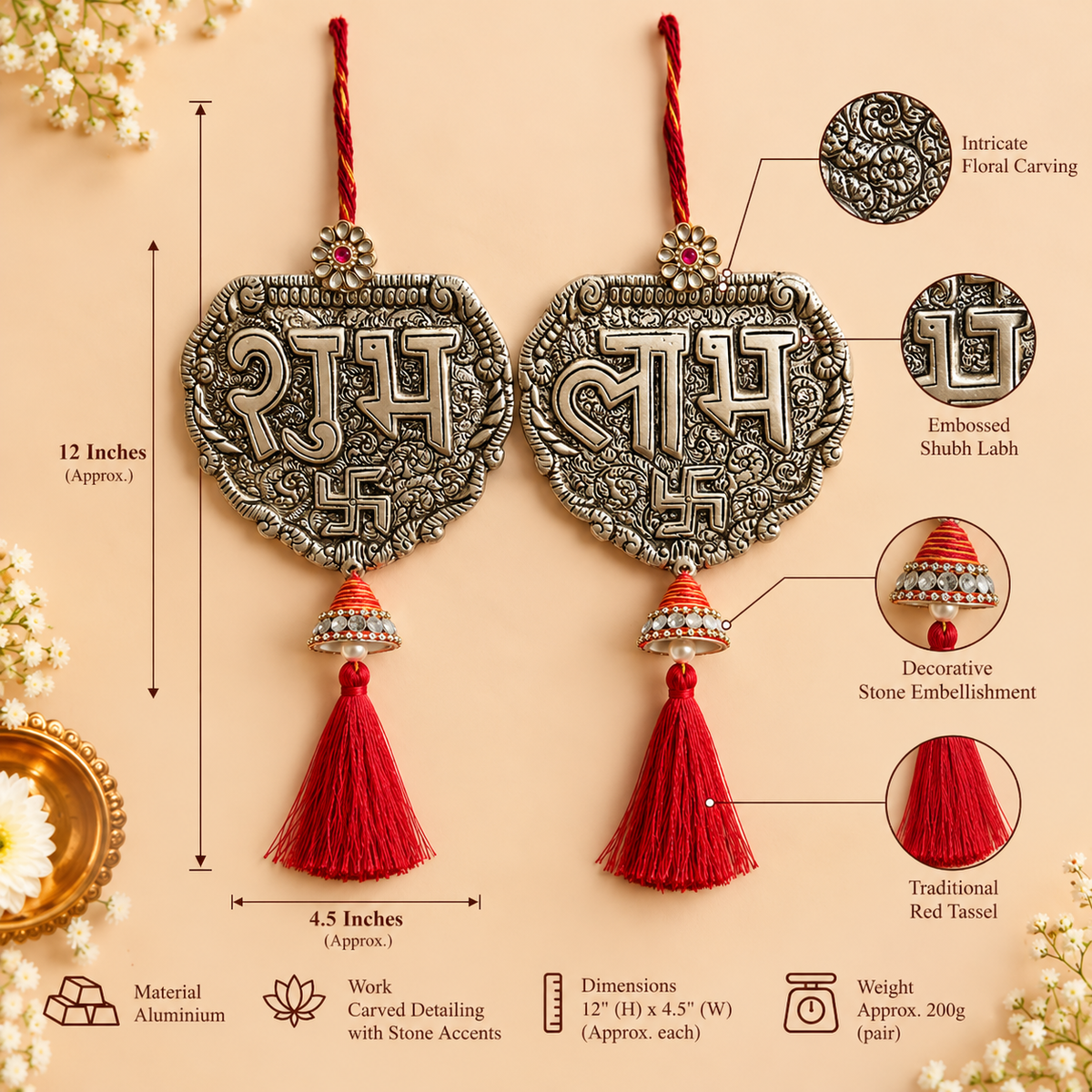 Antique Silver Carved Metal Shubh Labh Latkan Pair with Red Tassels