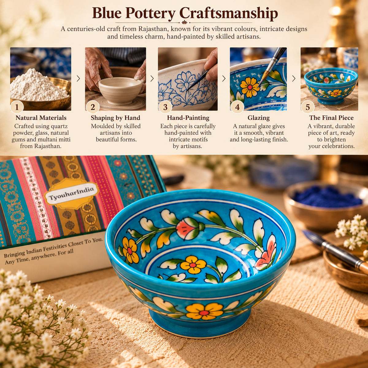 Hand-Painted Blue Pottery Floral Bowl -Set of 4
