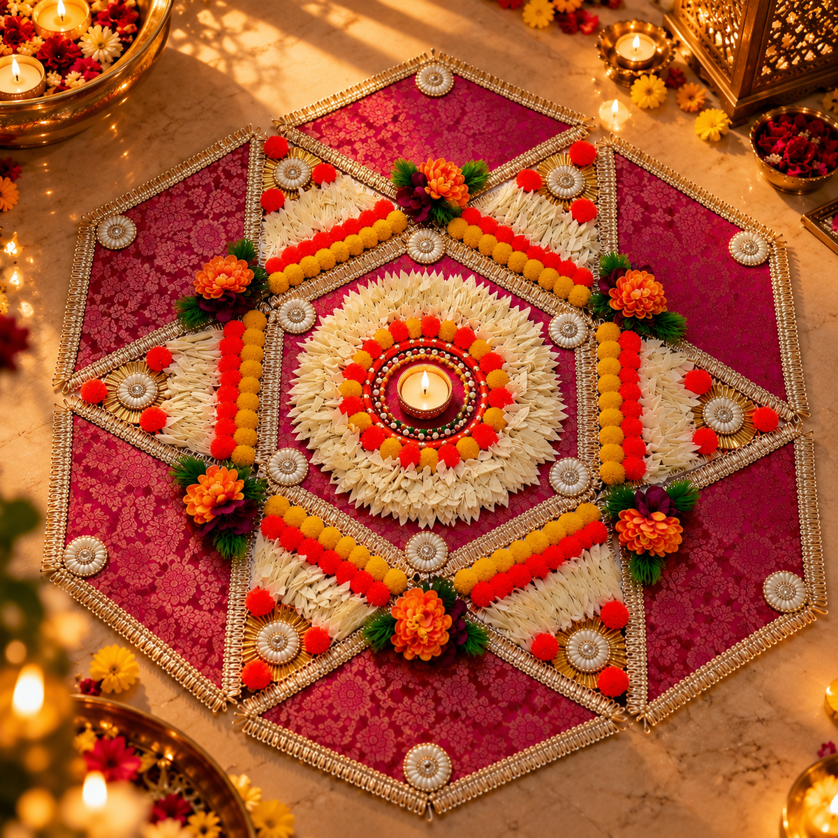 Royal Magenta Floral Gotta Patti Rangoli | Reusable & Modular | 30 Inches