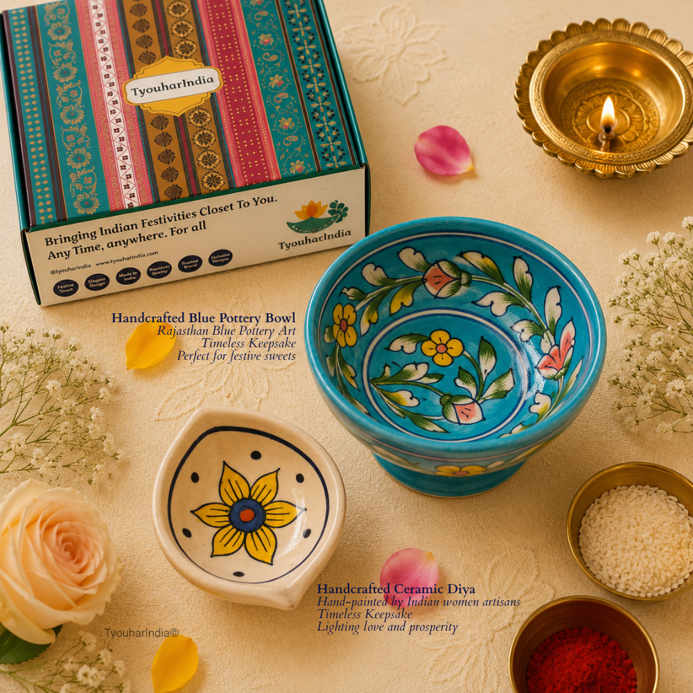 Bhaiya Bhabhi Green Blue Butterfly Evil Eye Rakhi & Lumba Ritual Gift Hamper Box with Diya & Bowl
