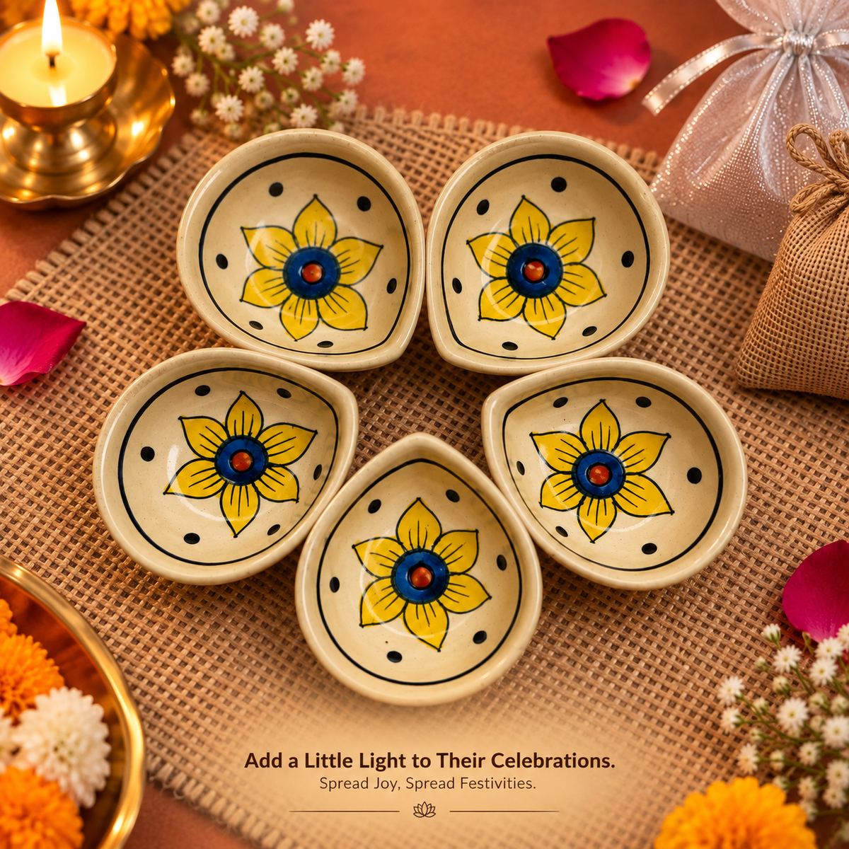 Handpainted Ceramic Floral Diya-Set of 5