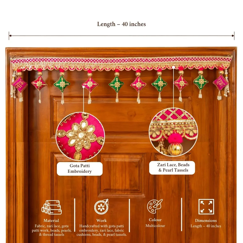Handcrafted Multicolor Fabric Embroidered Shubh Labh Toran with Gota Patti Work