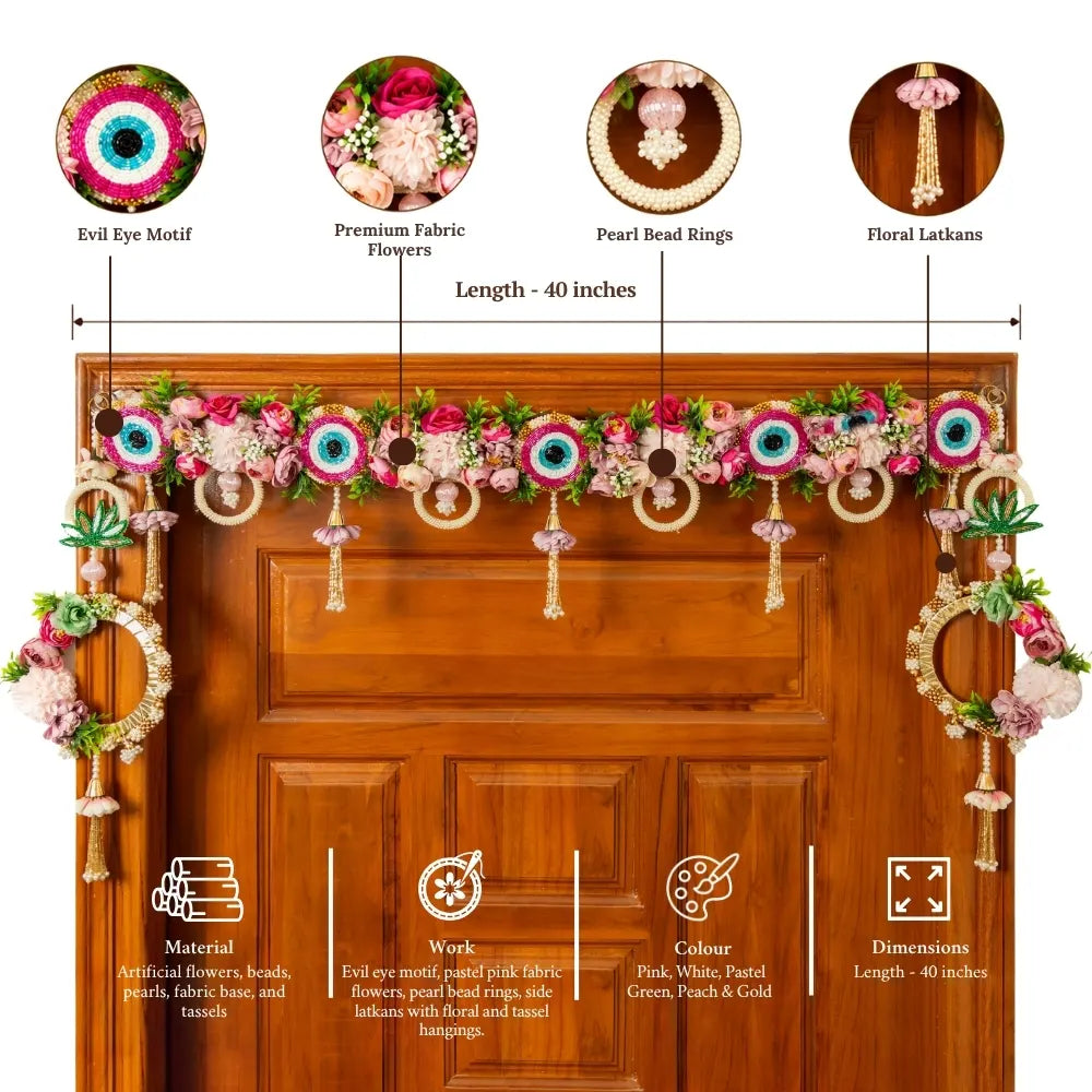 Handcrafted Pink Floral Evil Eye Toran with Side Latkans