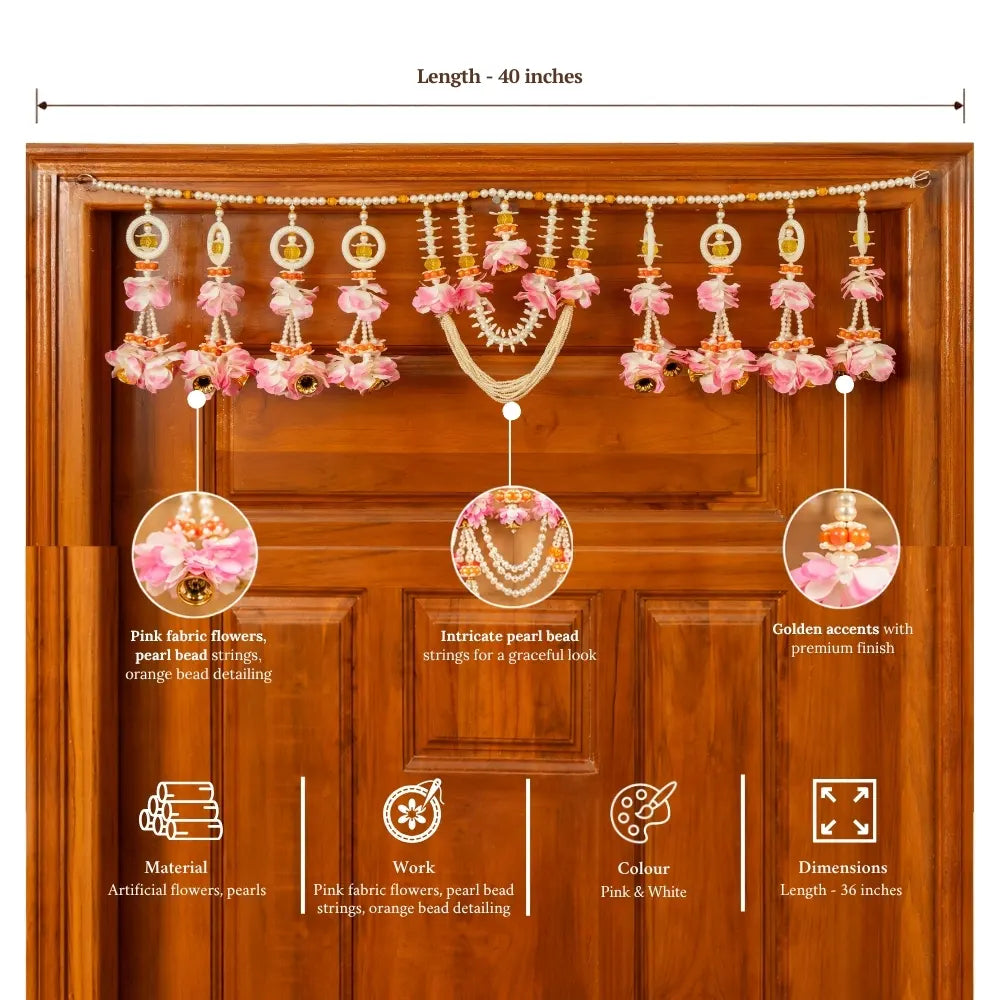 Handcrafted Pink Floral Beaded Toran with Pearl Work
