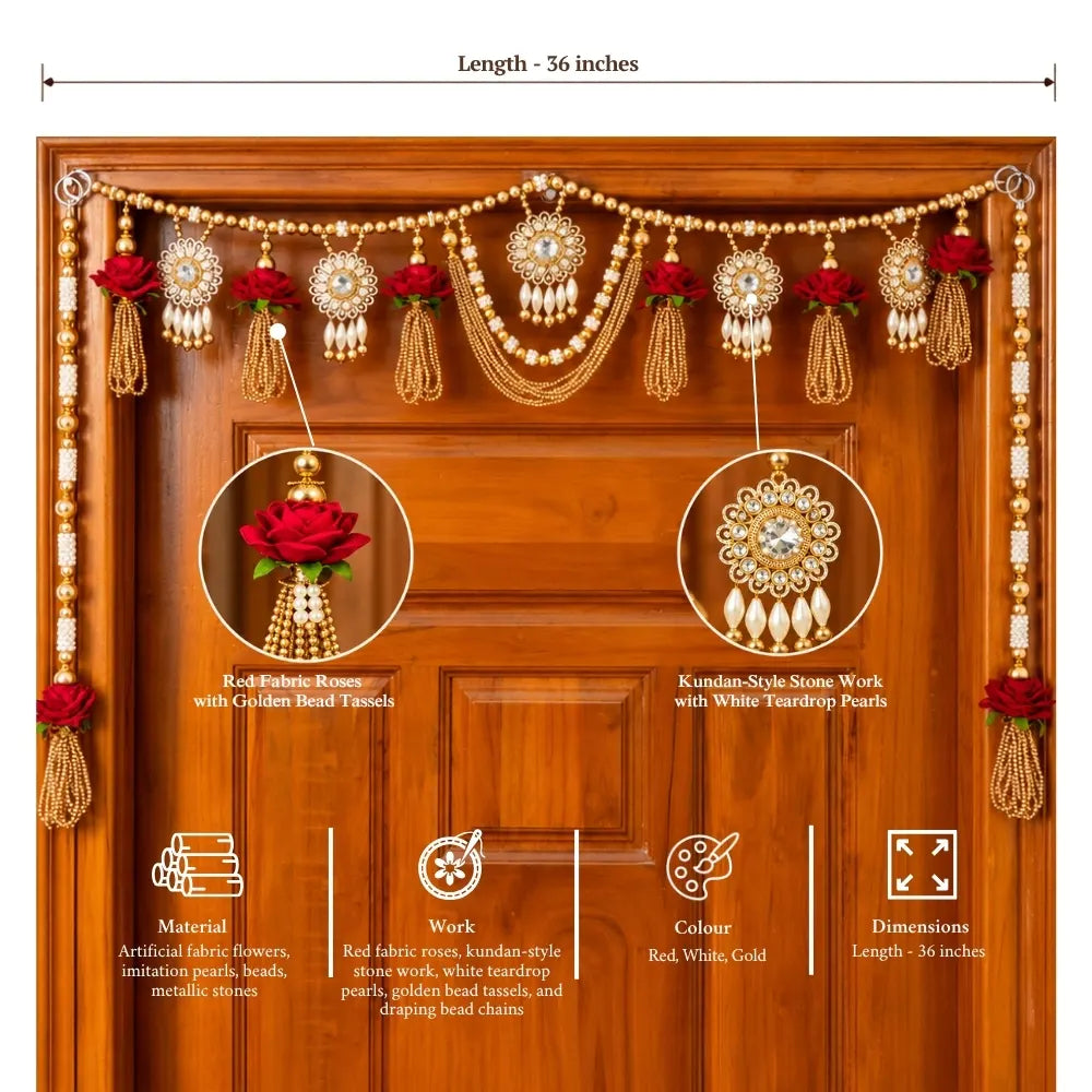 Handcrafted Red Floral Pearl & Beaded Door Toran with Kundan Stone Work