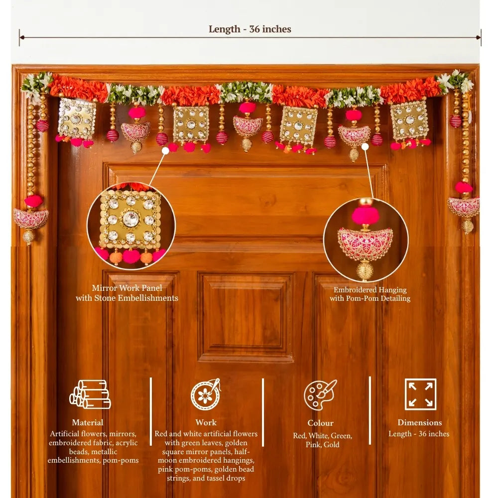 Handcrafted Red, White & Green Floral Square Mirror Work Toran