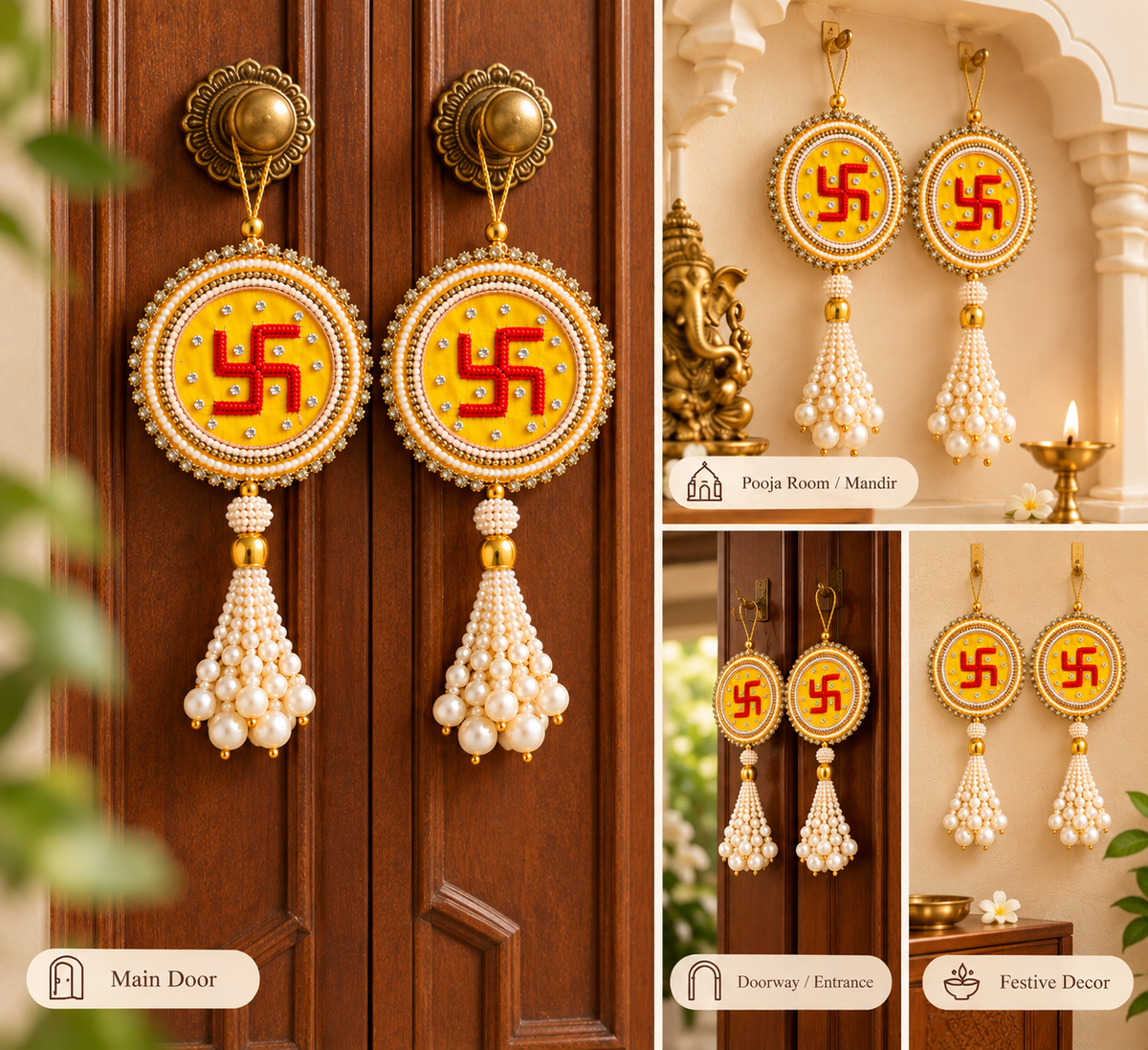 Swastik Pearl Tassel Hanging - Yellow & Gold (Set of 2)