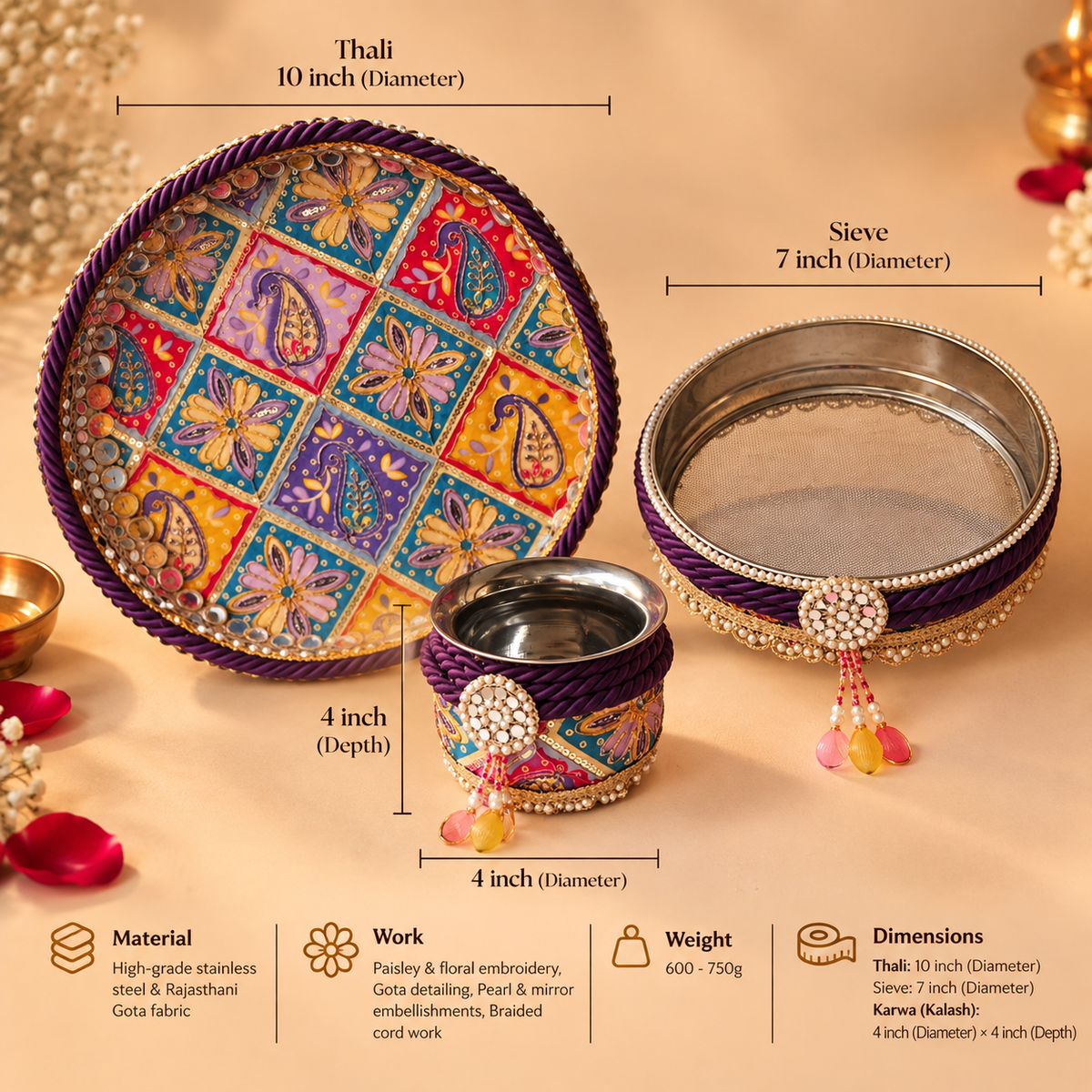 Royal Plum Gujarati Paisley Gota & Pearl Embellished Karwa Chauth Pooja Thali Set