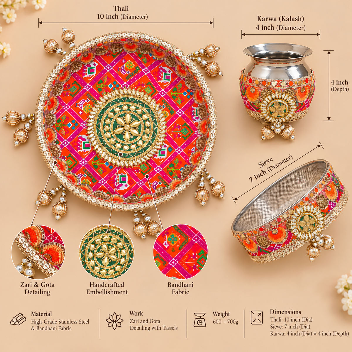 Rani Pink Bandhani Zari & Gotta Patti Embellished Karwa Chauth Pooja Thali Set