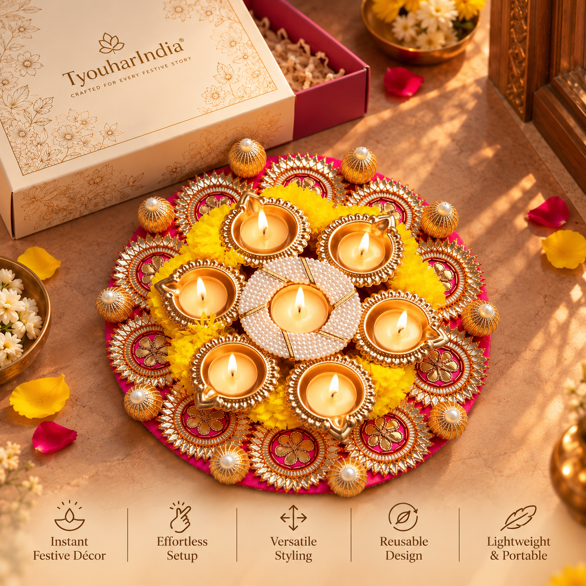 Rani Pink & Golden Gotta Patti Floral Rangoli with 7 Diyas