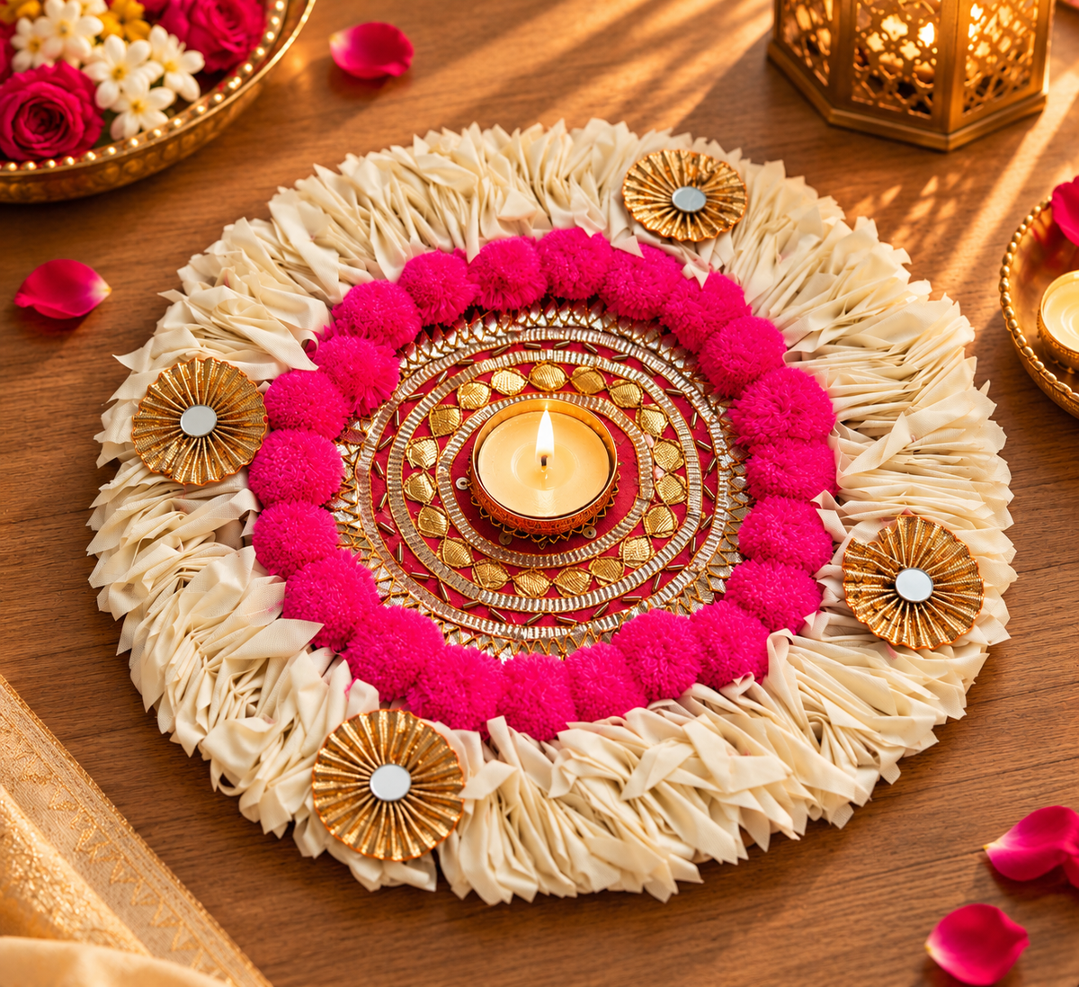 Ivory Floral Gotta Patti Rangoli with Pink Pom-Poms