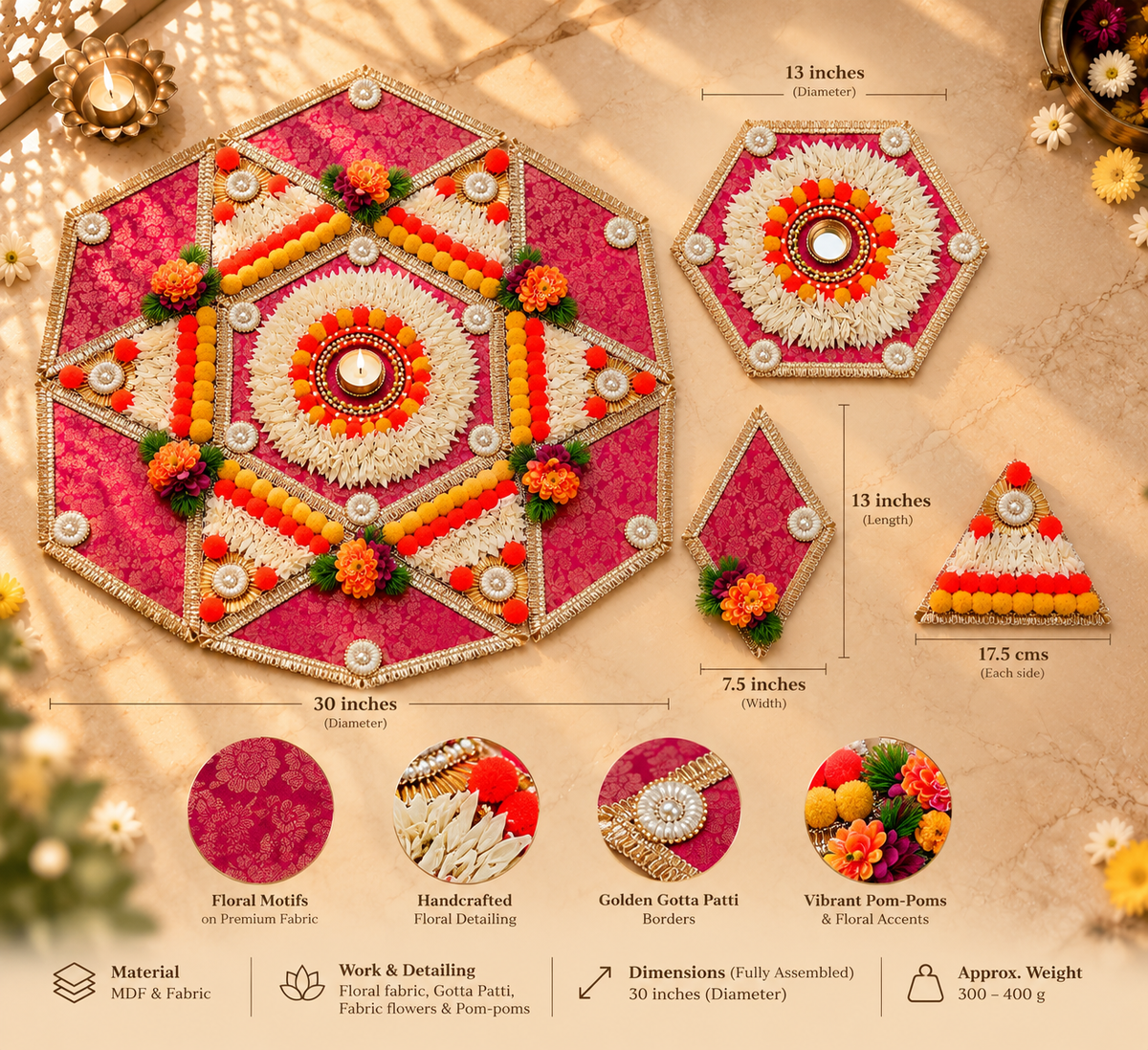 Royal Magenta Floral Gotta Patti Rangoli | Reusable & Modular | 30 Inches