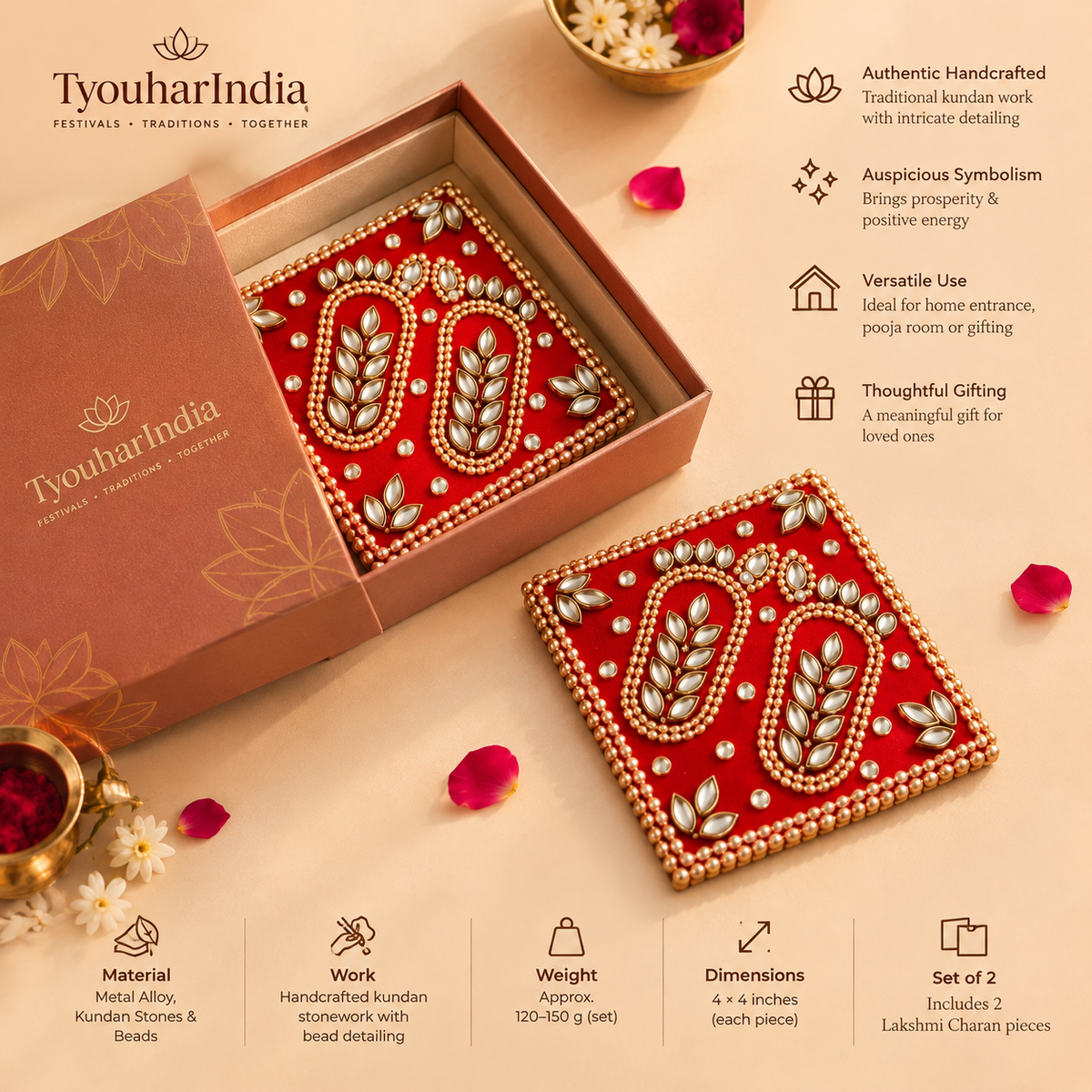 Handcrafted Royal Red Kundan Embellished Metal Lakshmi Charan Paduka – Set of 2