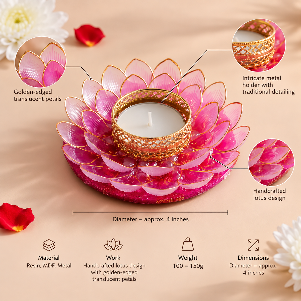 Handcrafted Lotus Design Tea Light Holder with Golden Accents- Set of 4