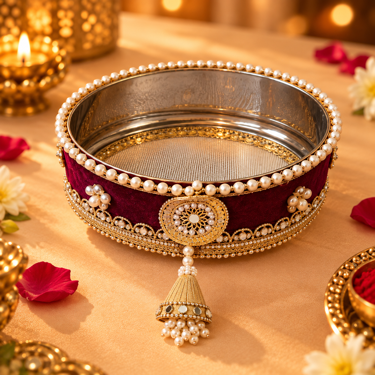 Imperial Wine Velvet Pearl & Gota Embellished Karwa Chauth Pooja Thali Set