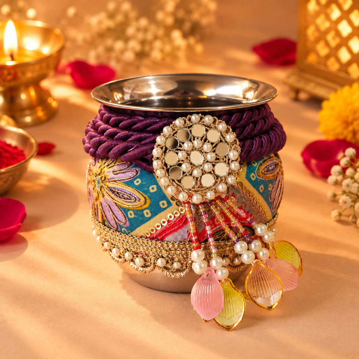 Royal Plum Gujarati Paisley Gota & Pearl Embellished Karwa Chauth Pooja Thali Set